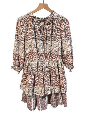 Black Tape Blue Red Ikat Tiered Ruffled Three-Quarter Sleeve Mini Dress Large